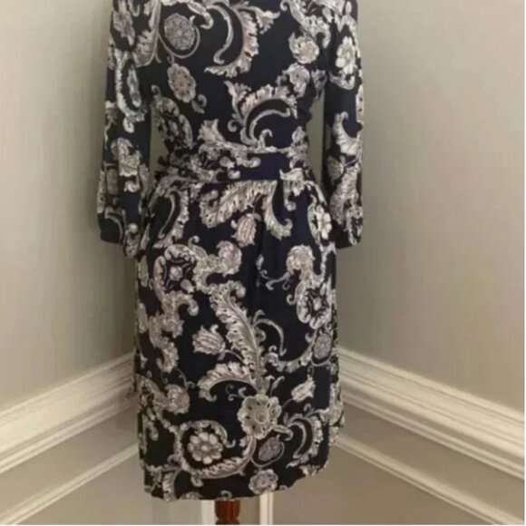 Talbots Silk Blend Faux Wrap Print Blue and Gray Dress Size 6P - Picture 3 of 6